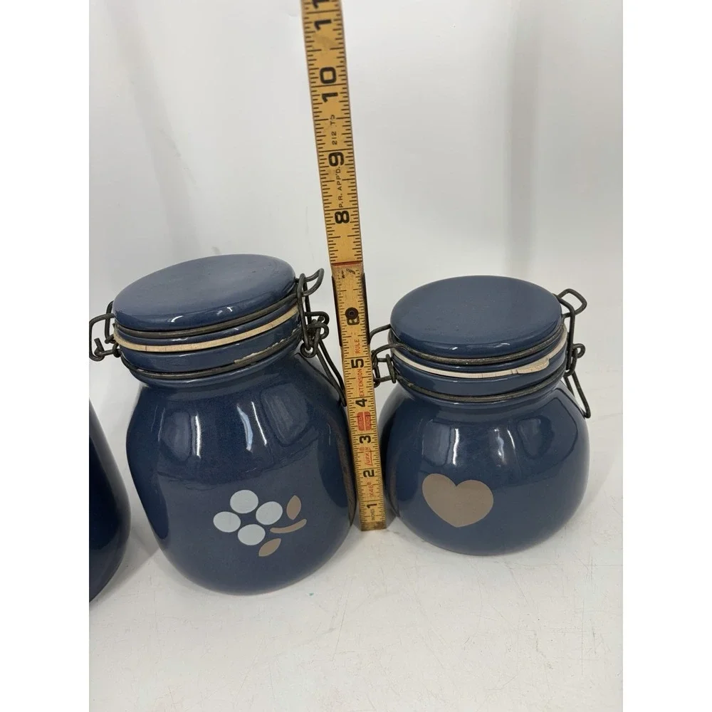Vintage Stoneware Canister Set 3 Navy Blue Folk Art Bird Heart Clamp Lid